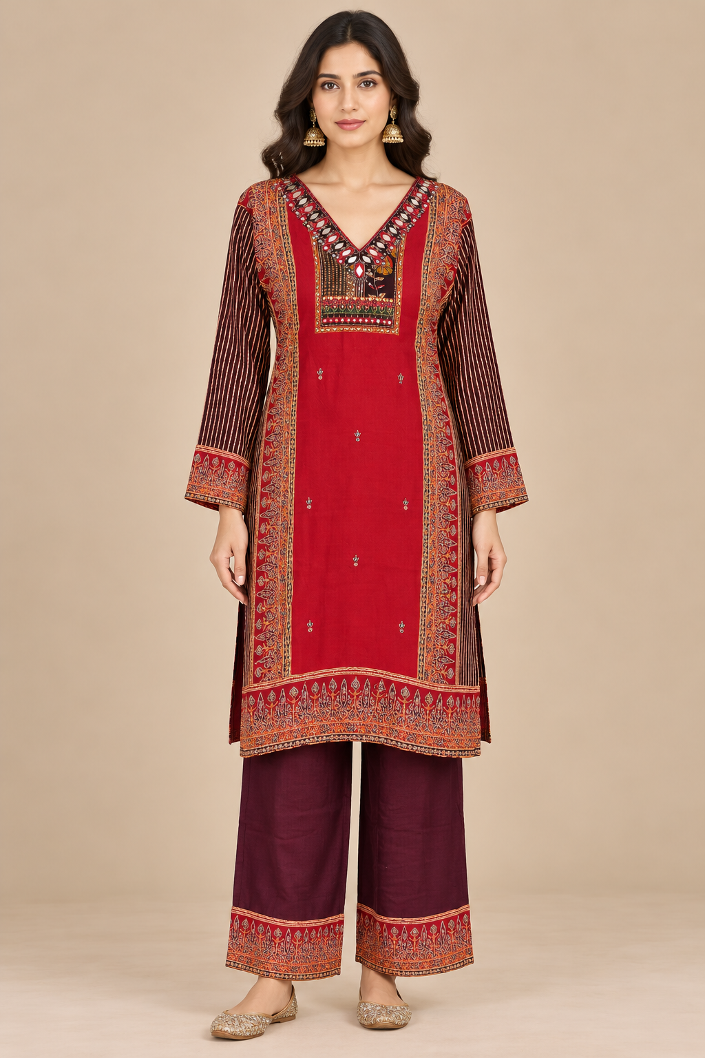 Red Printed Straight Kurta Set with Maroon Palazzo Pants for Women